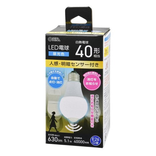 LED電球 E26 40形相当 人感明暗センサー付き 昼光色 オーム電機 LDA5D-G R52
