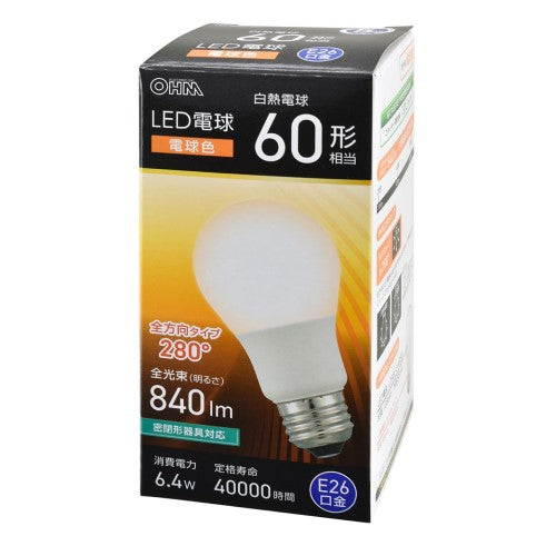 LED電球 E26 60形相当 電球色 オーム電機 LDA6L-G AG59