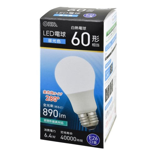 LED電球 E26 60形相当 昼光色 オーム電機 LDA6D-G AG59