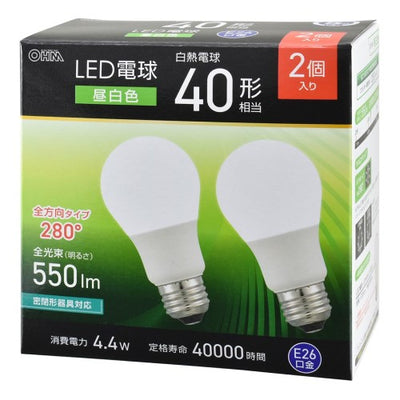 LED電球 E26 40形相当 昼白色 2個入 オーム電機 LDA4N-G AG59 2P