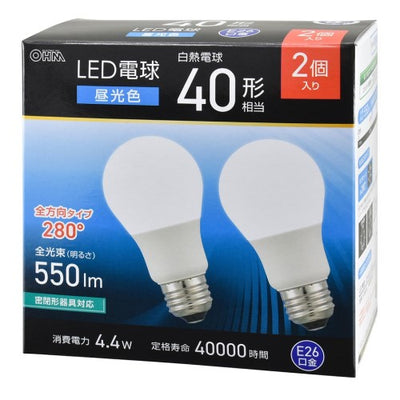 LED電球 E26 40形相当 昼光色 2個入 オーム電機 LDA4D-G AG59 2P
