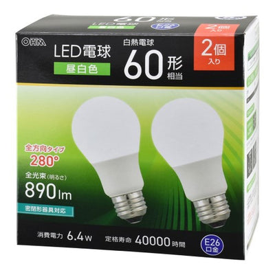LED電球 E26 60形相当 昼白色 2個入 オーム電機 LDA6N-G AG59 2P