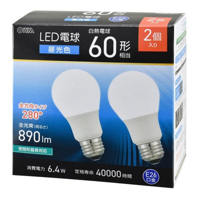 LED電球 E26 60形相当 昼光色 2個入 オーム電機 LDA6D-G AG59 2P