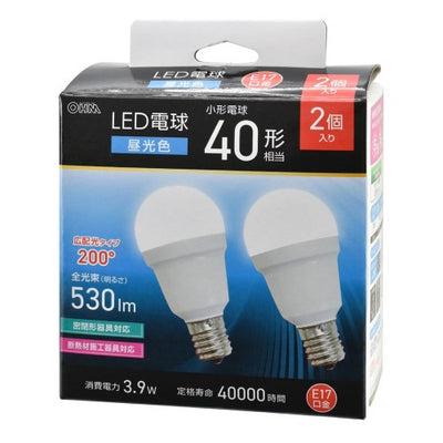LED電球小形 E17 40形相当 昼光色 2個入 オーム電機 LDA4D-G-E17 IS53 2P