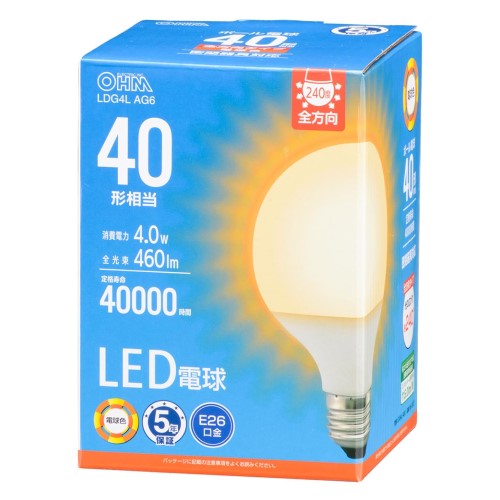 LED電球ボール電球形E26 40形相当 G95電球色 オーム電機 LDG4L AG6