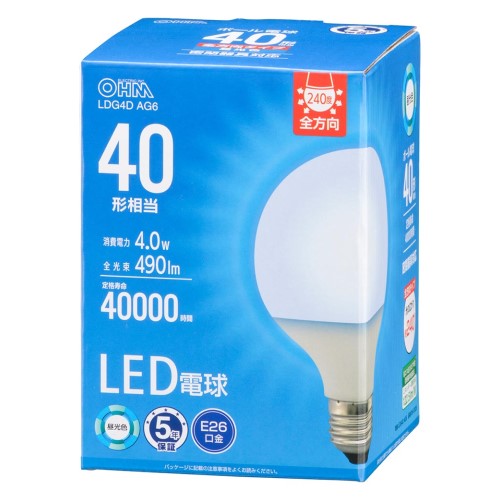 LED電球ボール電球形E26 40形相当 G95昼光色 オーム電機 LDG4D AG6