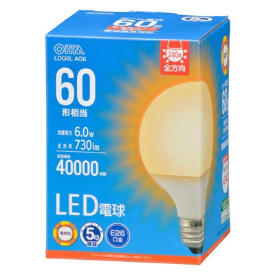 LED電球ボール電球形E26 60形相当 G95電球色 オーム電機 LDG6L AG6