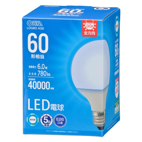 LED電球ボール電球形E26 60形相当 G95昼光色 オーム電機 LDG6D AG6