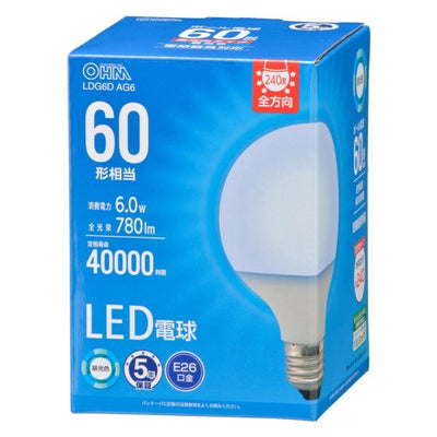 LED電球ボール電球形E26 60形相当 G95昼光色 オーム電機 LDG6D AG6