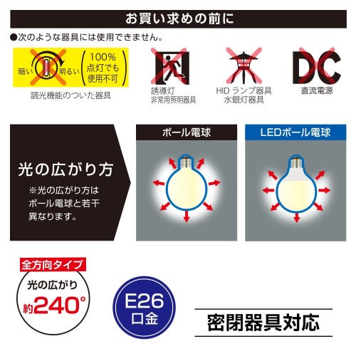 LED電球ボール電球形E26 60形相当 G95昼光色 オーム電機 LDG6D AG6