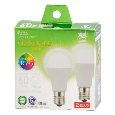 LED電球小形E17 60形相当 昼白色 2個入 オーム電機 LDA6N-G-E17 RA 2P