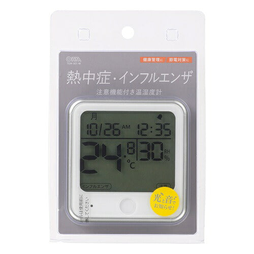 OHM オーム電機 デジタル温湿度計 インフルエンザ注意表示 TEM-301-W