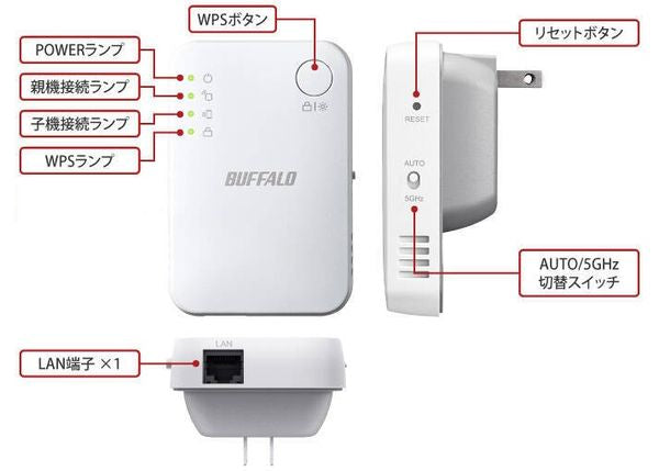 Wi-Fi中継機(コンセント直挿し) 866+300Mbps AirStation(Android/iOS/Mac/Win) ホワイト [ac/n/a/g/b] バッファロー WEX-1166DHPS2