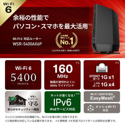 無線LAN親機 Wi-Fi 6 11ax対応 Wi-Fiルーター 4803+573Mbps 4+2アンテナ バッファロー WSR-5400AX6P/DBK