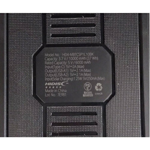 HIDISC ハイディスク ソーラーモバイルバッテリー HD4-MBTCSP1L10BK