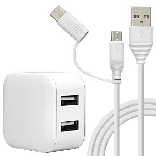 充電器 ACアダプター AC充電器 タイプA 2ポート マイクロBケーブル 1.5メートル タイプC変換 5V 2.4A AC USB Type-A microB Type-C typec 1.5ｍ 2台同時 ホワイト ラスタバナナ RAC2A2A04WH