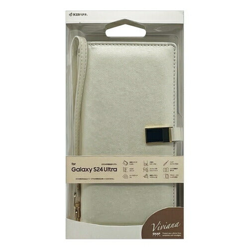 Galaxy S24 Ultra用 手帳型 viviana ミラー付き レディース ハンドストラップ付き マグネット式 ホワイト ラスタバナナ 7850GS24UBVIWH