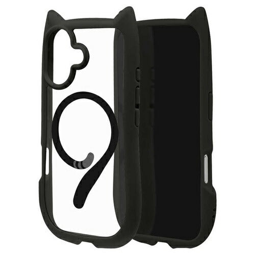 iPhone17 ケース カバー ハイブリッド MagSafe対応 マグネット充電 mimi ネコミミ 耐衝撃吸収 MIL 背面クリア TPUバンパーケース ワイヤレス充電 ブラック ラスタバナナ 8910IP5AHPMBK