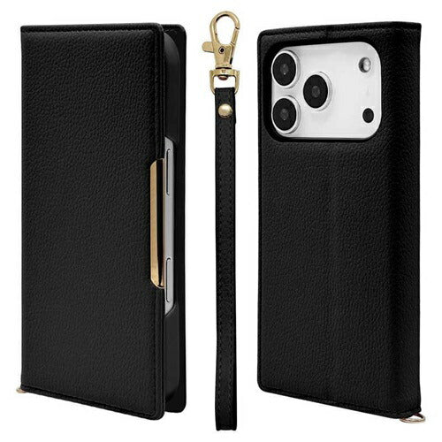 iPhone17 Pro ケース カバー 手帳型 カード入れ ベルトなし レザー風 スタンド機能 ハンドストラップ付き シンプル iLBe ブラック ラスタバナナ 9054IP5BBHSBK