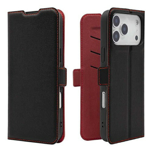 iPhone17 Pro Max ケース カバー 手帳型 薄型 耐衝撃吸収 カード入れ スタンド機能 slim Fit サイドマグネット ブラック×レッド ラスタバナナ 9081IP5DBSMBKR