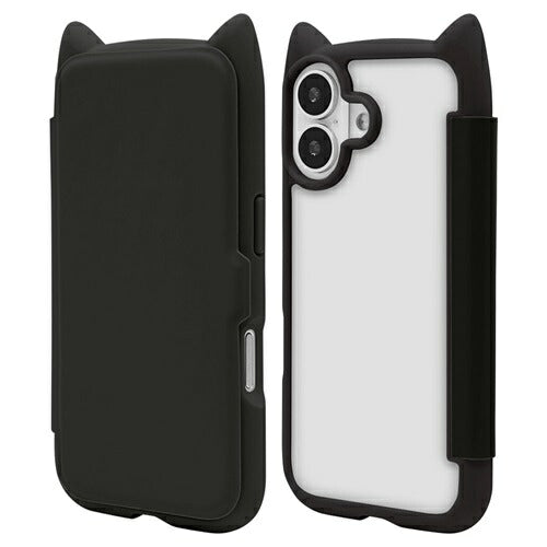 iPhone17 ケース カバー 手帳型 ハイブリッド フタ付き背面ケース mimi ネコミミ 耐衝撃 MIL 背面クリア TPUバンパーケース カード入れ ワイヤレス充電 ブラック ラスタバナナ 9169IP5ABHPBK