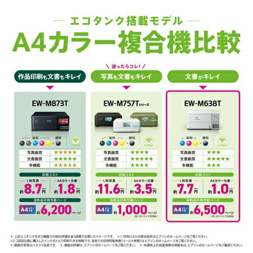 プリンター エプソン 複合機 エコタンク搭載モデル EW-M638T ホワイト インクジェット 自動両面 対応インク ヤドカリ ハリネズミ インクタンク 低コスト 大容量 高耐久