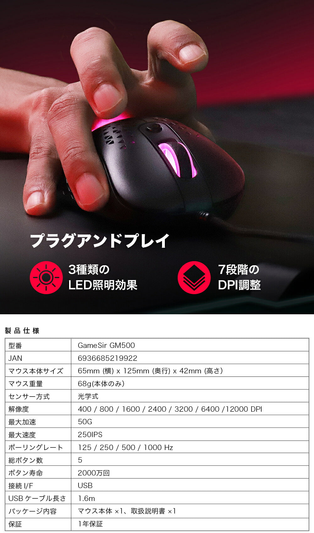 GameSir ゲームサー 軽量有線ゲーミングマウス GM500 12000DPI ブラック