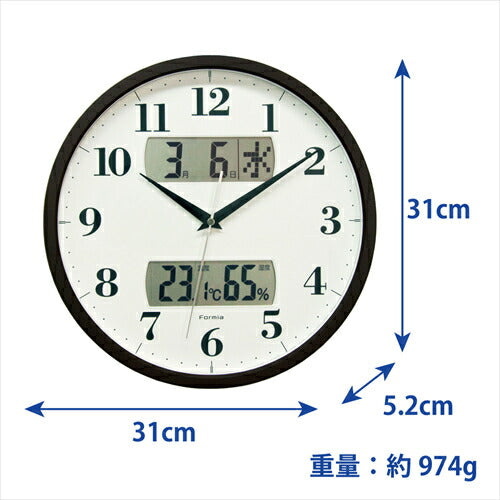 保土ヶ谷電子販売 フォルミア Formia 電波掛時計 掛時計 電波時計 アナログ カレンダー 温度 湿度 表示 ブラウン HWC－001