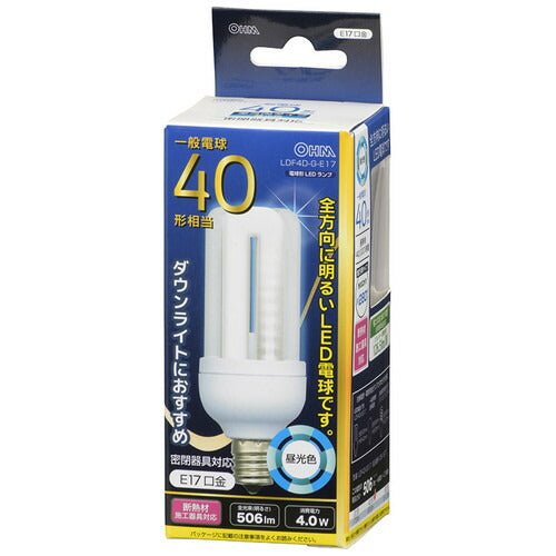 オーム電機 OHM LED電球 D形 E17 40形相当 4.0W 506lm 昼光色 全方向タイプ 発光管露出形 92mm LDF4D-G-E17