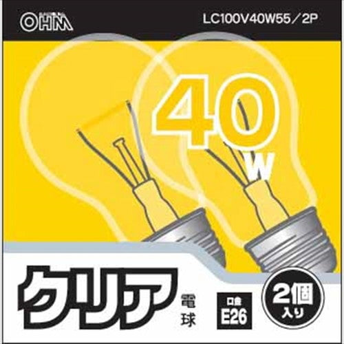 オーム電機 OHM 白熱球 E26/40W クリア 2個入り LC100V40W55/2P