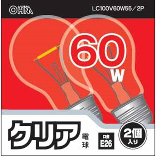 オーム電機 OHM 白熱球 E26/60W クリア 2個入り LC100V60W55/2P