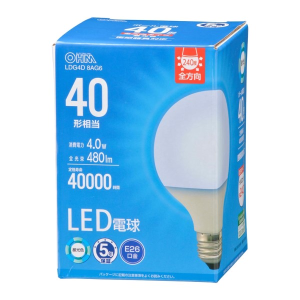 LED電球ボール電球形E26 40形相当 G80昼光色 オーム LDG4D 8AG6