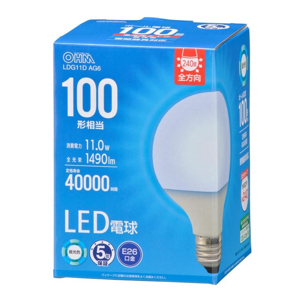 LED電球ボール電球形E26 100形相当 G95昼光色 オーム LDG11D AG6