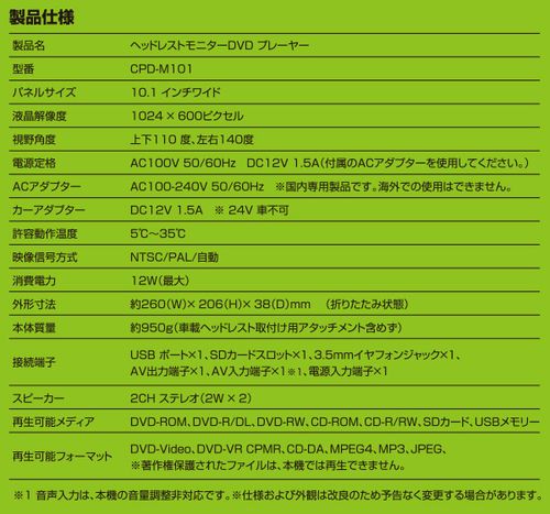 ヘッドレストモニターDVDプレーヤー 山善 CPD-M101